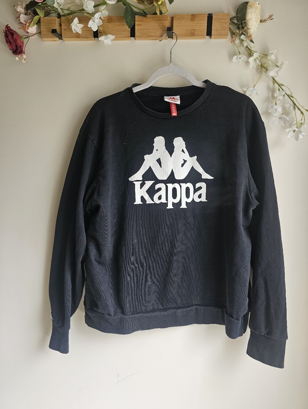 Kappa Black Crewneck Pullover Sweatshirt with White Logo 80% Cotton Size M